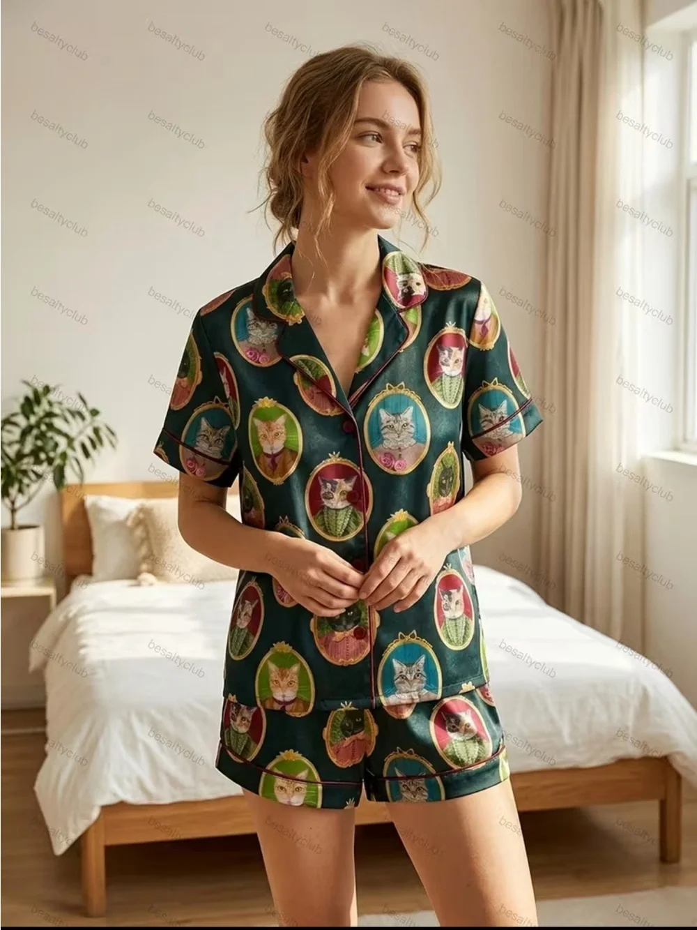 Unlisted Green Cat Portrait Short Pajama Set